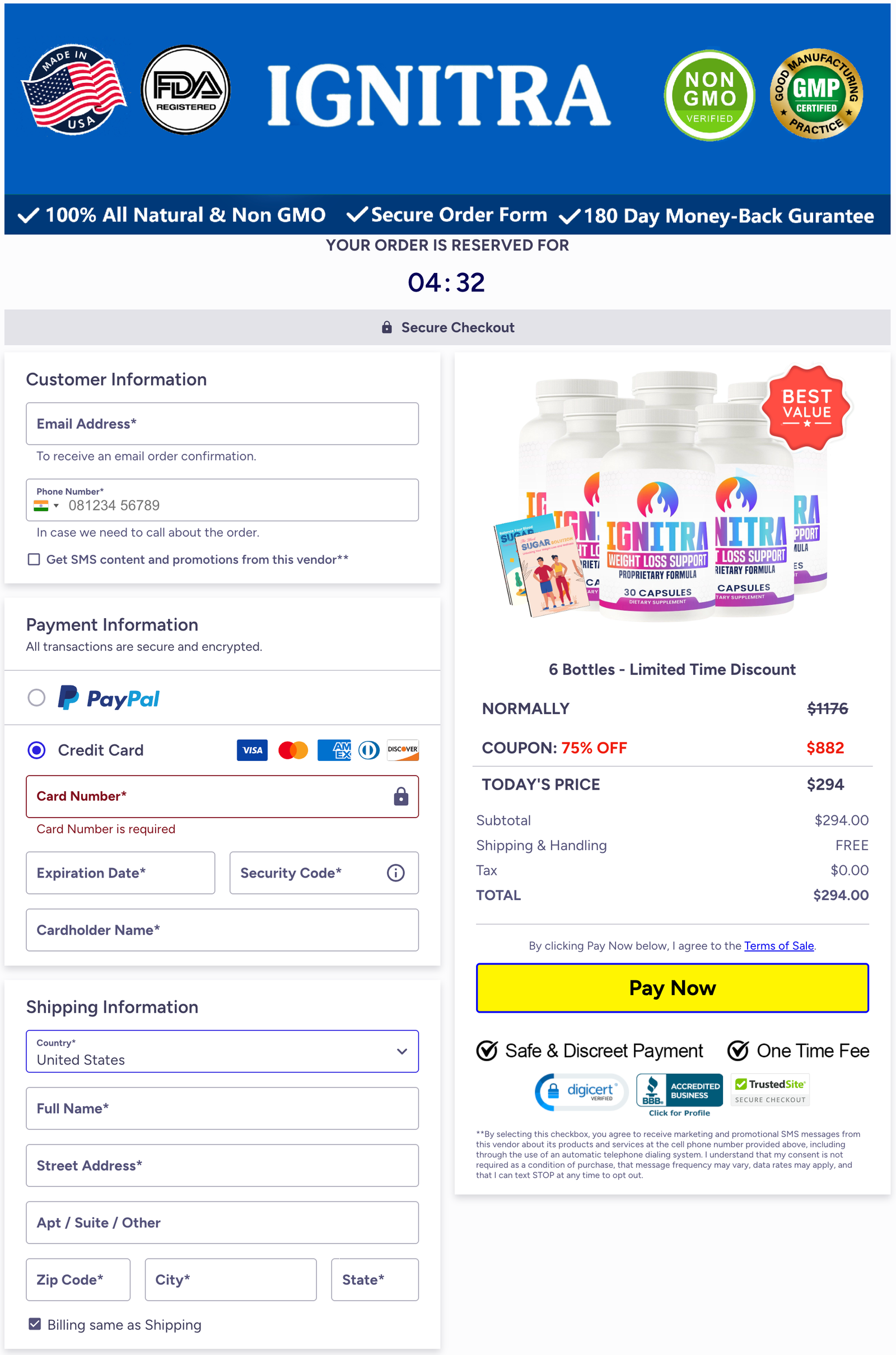 Ignitra checkout page